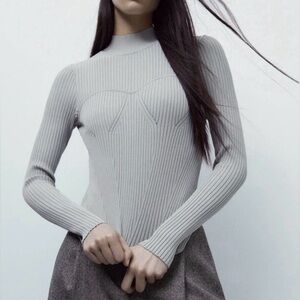 ZARA NWT Mock Neck Knit Long Sleeve Elegant Gray Ribbed Women's Sweater Top